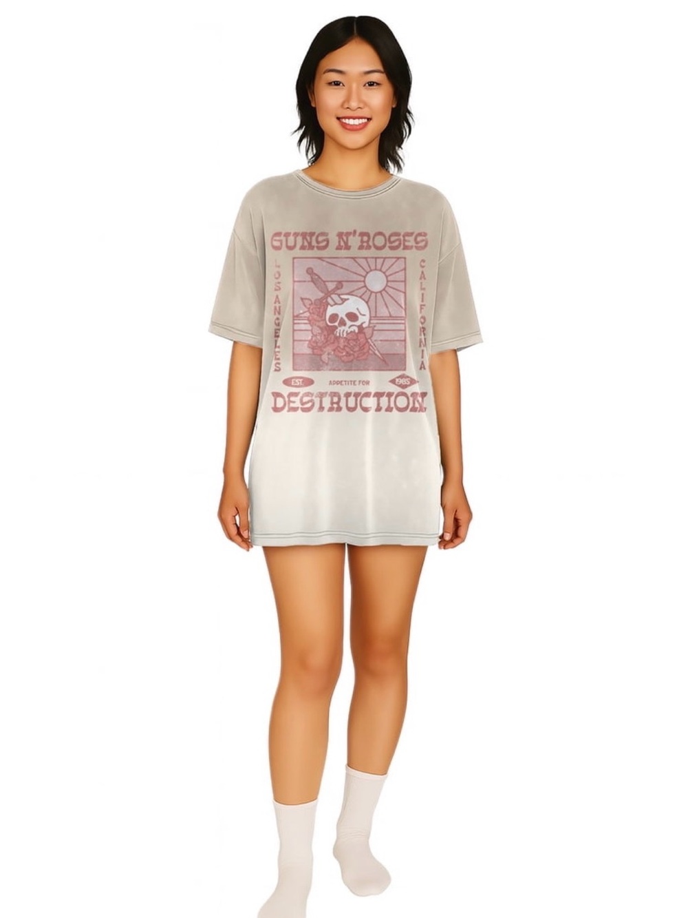 Beige Graphic Oversized Tee Medium Dress